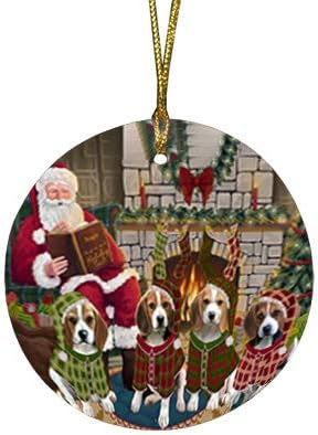 Santa Sled Dogs Beagle Christmas Round Flat Ornament - Pet Decorative Hanging Ornaments for Christmas X-mas Tree Decorations - 2.75" Round Flat Ceramic Christmas Ornament POR1540