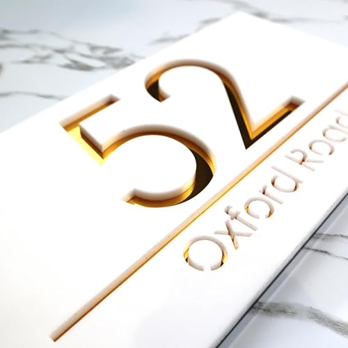 Image of Snow Royale Personalized Name Plates for Home Entrnace Outdoor | Customized Waterproof Acrylic Laser Engraved | Triple Layer House Office Flat Door Address Sign Board (30x15cm, White Golden)