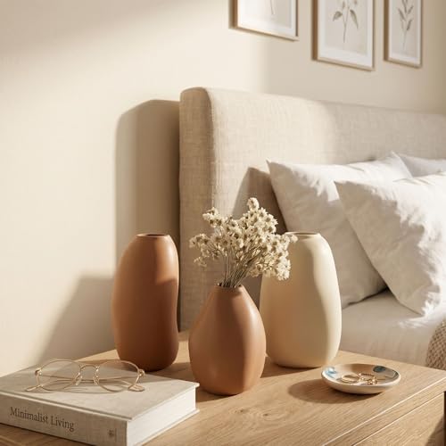 Image of KREATIVE ART'S Handmade Ceramic Bud Vase Set of 3 for Pampas Grass & Dried Flowers - Matte Minimalist Vases for Living Room, Dining Table, Office Decor | Housewarming Gift, Cream /Terracotta /Brown