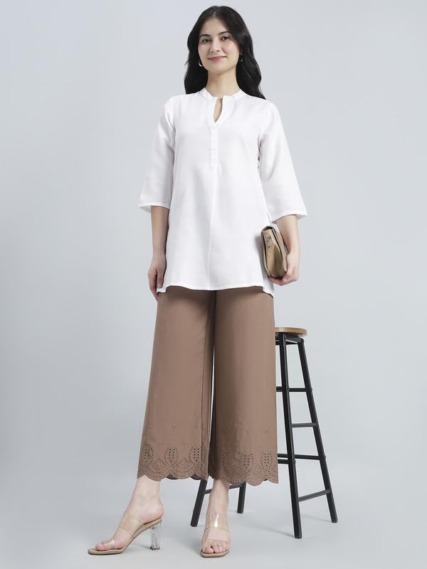 Image of GO COLORS Women's Cotton Hakoba Palazzo | Ankle Length, Schiffli Embroidery, Relaxed Fit, Mid-Rise with Side Pocket