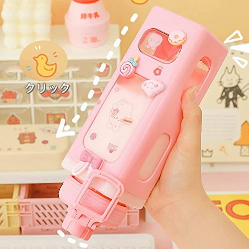 Image of Openja Plastic Kawaii Water Bottle with Straw Cute Large Water Bottles with Kawaii Stickers Aesthetic Leakproof Square Drinking Bottle.700ML (White)