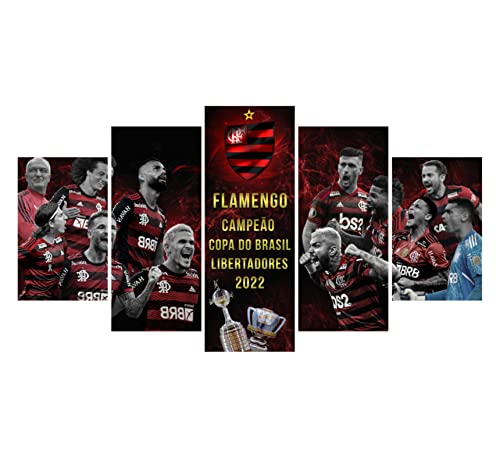 Quadro 5 peças Flamengo Rubro Negro Futebol Campeão Libertadores Copa do Brasil 2022