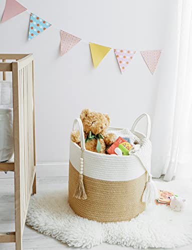 Mkono Woven Storage Basket Decorative Natural Rope Basket Wooden Bead Decoration for Blankets,Toys,Clothes,Shoes,Plant… - Image 3