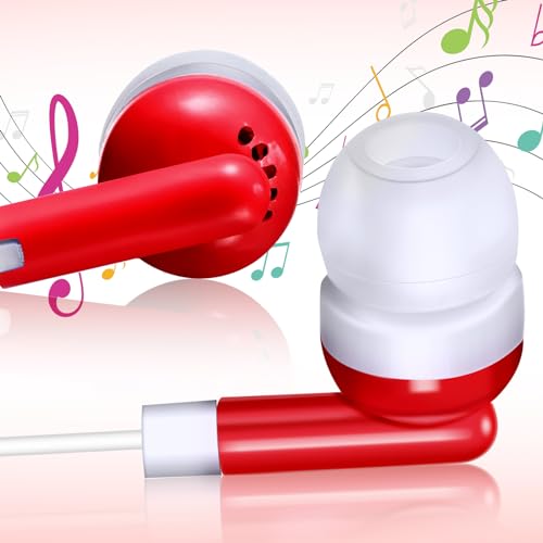 Image of Konohan 100 Pcs Bulk Earbuds with Wire Basic Headphones in Ear for Libraries Laptop, No Microphone 3.5 mm Jack Earbuds Dot Headphones, Individually Bagged (Red)