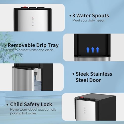 Image of Self Cleaning Bottom Load Water Cooler Dispenser for 3-5 Gallon Bottles Empty Bottle Alert 3 Temperature Settings Stainless Steel