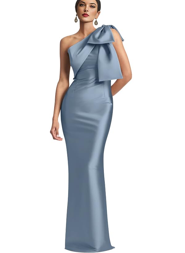 Image of IIF One Shoulder Bow Prom Dress for Women Mermaid Satin Formal Dresses Long Bodycon Evening Cocktail Gowns IIF043