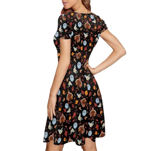 Image of POLERO Women Puffy Swing Elegant Party Midi Dresses Short Sleeve Round Neck A-Line Dress