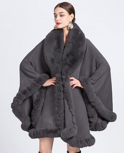 Image of Women Poncho Cape Faux Fur Collar Knitted Cardigan Sweater Batwing Long Sleeve Shawl Wrap Coat Oversized Cloak