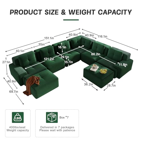 Image of 151.1 inch Large Modular Sectional Sofa for Living Room, 6-Seater V-Shaped Corner Sofa, Comfy Boneless Couch with 2 Movable Ottomans, Corduroy Design for Family Space, No Assembly, Green