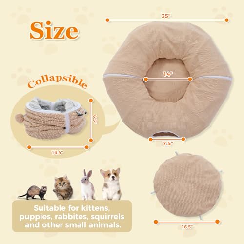 Image of PEQULTI Cat Donut Tunnel with Bed for Indoor Cats, Cat Play Tunnel with Washable Soft Plush Mat, Round Tube Toys Cute Tube for Kittens, Puppies, Rabbits and Ferrets, Beige