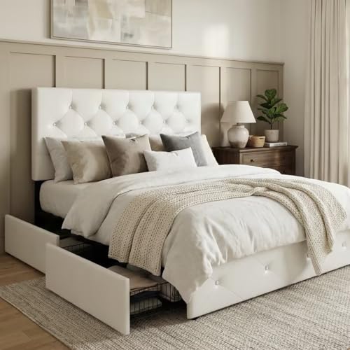 Image of Allewie Upholstered Full Size Platform Bed Frame with 4 Storage Drawers and Headboard, Diamond Stitched Button Tufted, Mattress Foundation with Wooden Slats Support, No Box Spring Needed, White