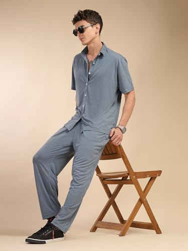 Image of Thomas Scott Men's | Relaxed Fit | Solid | 100% Polyester | Co-Ord Set With Short Sleeves & Spread Collar