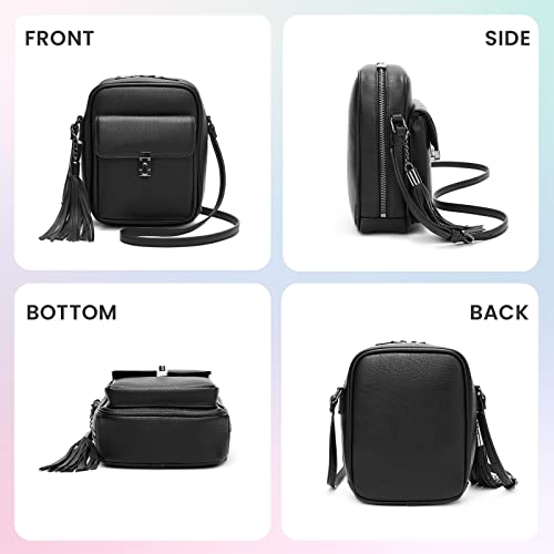 Keyli Double Zipper Crossbody Cell Phone Purse Fashion Lightweight Waterproof Leather Crossbody Bag For Women Anti-Theft Mini Travel Messenger Shoulder Handbag Wallet With Tassel Black #TOP3