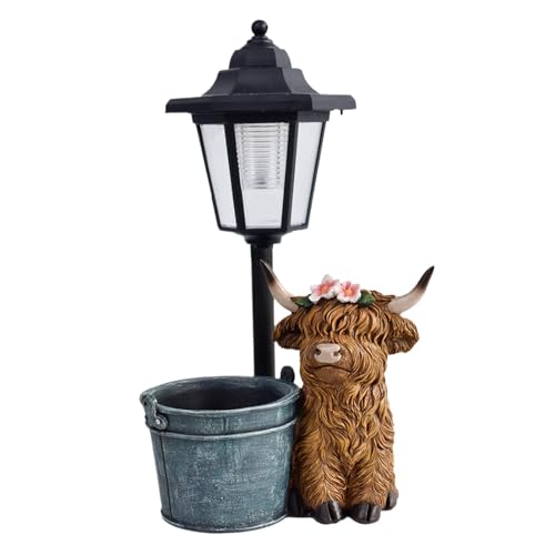 Solar Cow Statues Post Light with Flowerpot, Weatherproof Design, 18.5×12×31