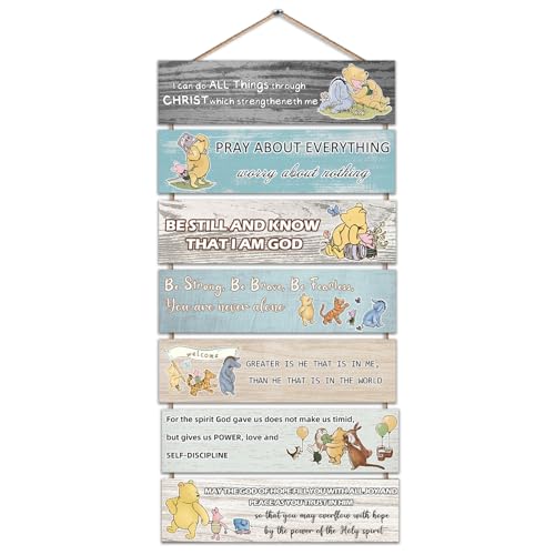 Image of Hatzelou 7PCS Winnie Christian Wall Art Decor, Bible Verses Inspirational Wall Sign, the Pooh Scripture Wall Art Meditation, Inspirational Hanging Wood Sign for Kitchen Living Room