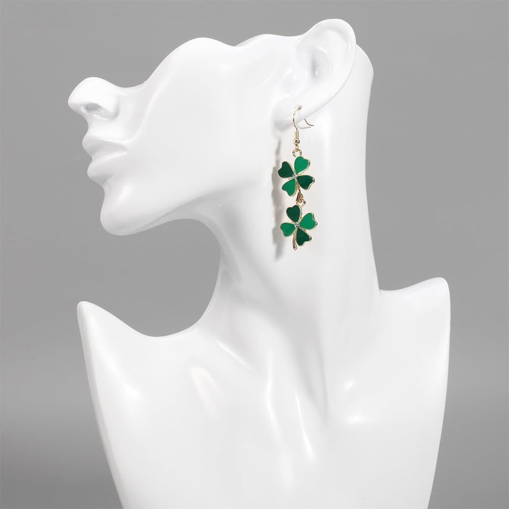 St Patrick’s Day Crystal Shamrock Dangle Drop Earrings for Women Gold-tone Green Enamel Four Leaf Clover Dangling Lightweight Fashion Jewelry for Festive Party - Image 4