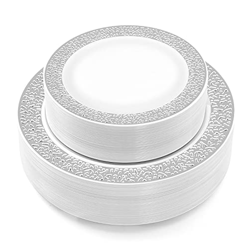 Bayzz 100 Pieces Silver Plastic Plates, 50 10.25 Inch Dinner Plates And 50 7.5 Inch Dessert Plates, Disposable Plates For Party, Heavy Duty Silver Plates, Wedding Plates, Party Plates With Lace Design #TOP2
