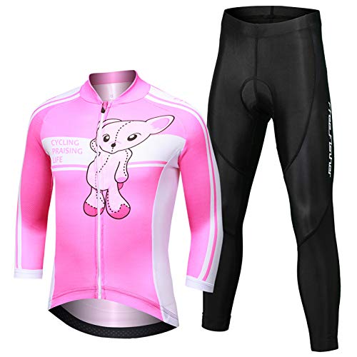 LCIGIA Conjunto de maillot de ciclismo para chicos y niñas, transpirable, camiseta de ciclismo de manga larga + pantalones de ciclismo con acolchado 3D, Rosa., 164 cm