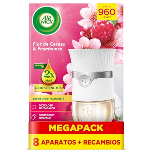 Air Wick Eléctrico Aparato y recambio de ambientador automático eléctrico, con aroma a Flor de Cerezo & Frambuesa - 8 Aparatos + 8 Recambios, El embalaje puede variar