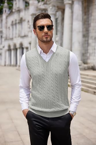 Image of COOFANDY Men's Sweater Vest Cable Knitted V Neck Slim Fit Sleeveless Pullover Sweater