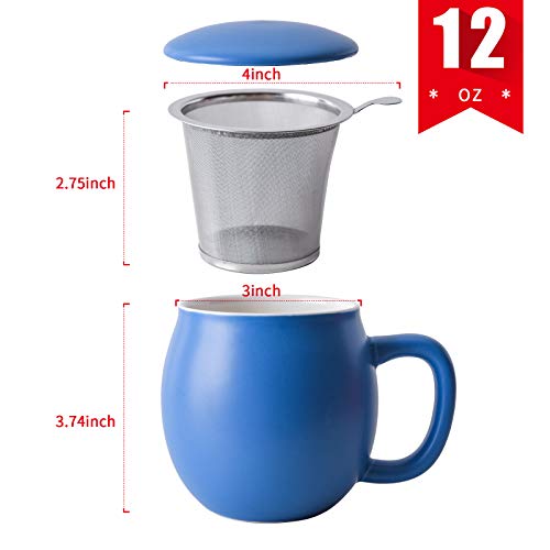 Image of Yundu 12 OZ Matte Blue Ceramics Teacup with Infuser and Lid, Mug with Lid for Steeping - Stainless Steel Infuser for Loose Leaf Tea, Home Office Gift for Tea Lovers