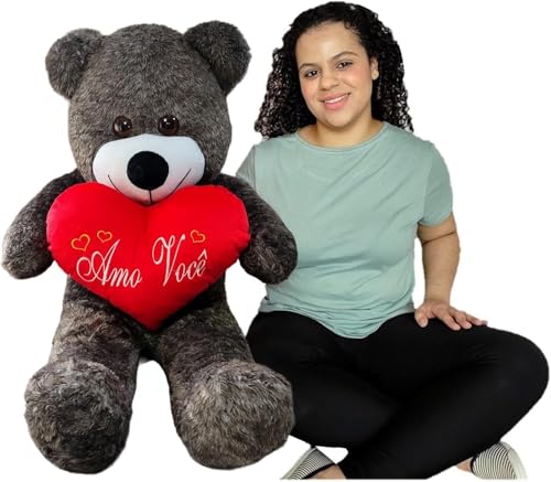 Urso de Pelúcia Gigante 1m Cinza com Almofada Coração Amo Voce Romantico Fofo Hipoalergênico Macio - Pelucias HAS Brasil