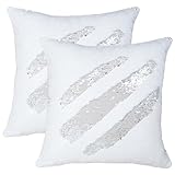 SquarePie 18x18 Inches Sequin Pillow Covers Set of 2, Flip Sequin Decorative Pillowcases, Magic Reversible Throw Cushion Covers Cases, Silver and White