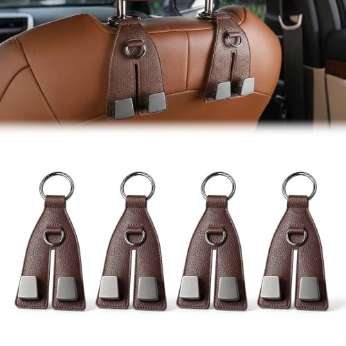 Image of Premium Leather Wrapped Design (Coffee, 4pcs) | Double Hook Storage | Space Saving Car Organizer | Easy Headrest Installation