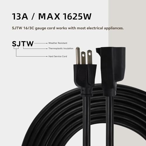 Image of 10ft Outdoor Extension Cord - 16 /3 Heavy Duty SJTW Waterproof Black Electrical Cable with 3 Prong Grounded Plug for Safety, Great for Lawn and Major Appliances