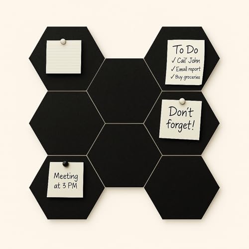 Image of MMT Acoustix PinFelt Hexagon Bulletin Board - Set of 7 12x12 inch Felt Office Pin Board Tiles Notes Reminders & Work Organisation Self-Adhesive Pin-Friendly Acoustic Panels for Wall (Piano Black)