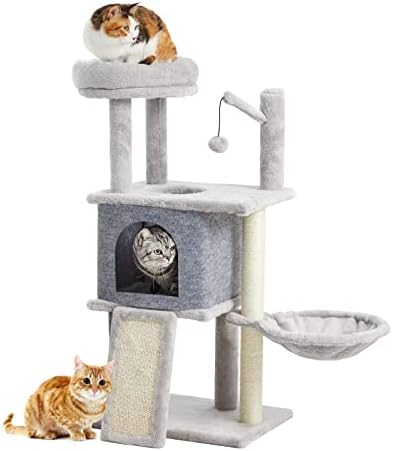 TSCOMON 36.6" Multi-Level Cat Tree Cat Tower for Indoor Cats, Plush Perch with Cat Condos and Scratching Posts with Hammock Basket and Hanging Ball, Light Grey