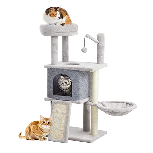 Tscomon 36.6" Multi-Level Cat Tree Cat Tower For Indoor Cats, Plush Perch With Cat Condos And Scratching Posts With Hammock Basket And Hanging Ball, Light Grey #TOP2
