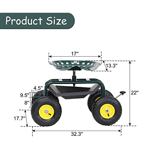 Kinfant Rolling Garden Cart with Seat - Garden Scooter Rolling Stool Gardening Cart with Tool Storage Basket & Swivel Seat