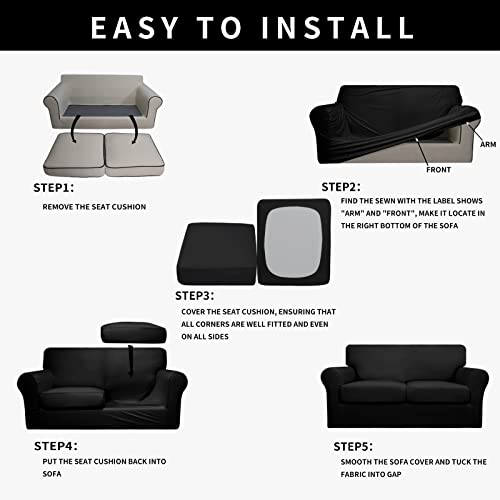 Image of Easy-Going Waterproof 3-Piece Loveseat Cover Couch Covers for Sofa | Stretch Spandex Sofa Cover Protector Elastic Bottom for 2 Cushion Couch Dog Pet Friendly Living Room Black