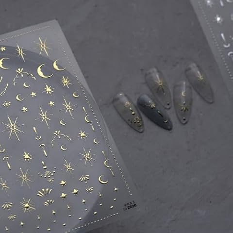 BYNYTO 5D Embossed Designs Nail Art Stickers Decals Self Adhesive Nail Decals Bronzing Star Moon Line Nail Stickers Manicure Sliders for Women DIY Nail Art Decorations (05.gold moon star) Cover