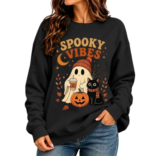 KWVOEBQ Halloween Tops for Women Black S Crew Neck Ghost Print Pullover - image 2