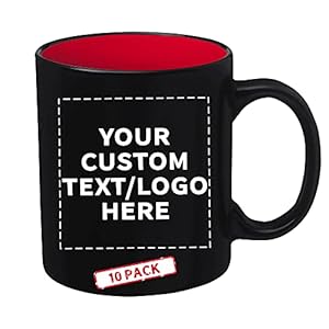 DISCOUNT PROMOS 10 Matte Two-Tone Coffee Mugs Set, 11 oz. – Customizable Text, Logo – Stoneware, Drinkware, Durable, C-handle – Red