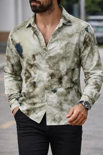 Image of Men's Regular Fit Button Down Dress Shirts, Textured Long Sleeve Casual Hawaiian Shirt