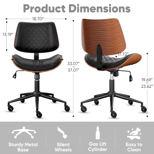 Image of Armless Office Chair with Silent Rubber Wheels, Mid Century Modern Small Desk Chair, No Arms Leather Computer Chair for Home Office, Swivel Vanity Chair, Rolling, Adjustable Height (Black)