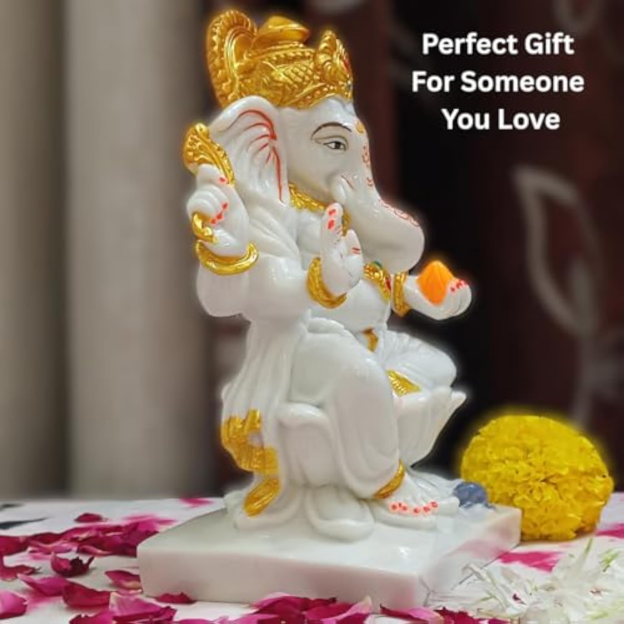Marble Dust Ganesh Idol, 7 Inch White Kamal