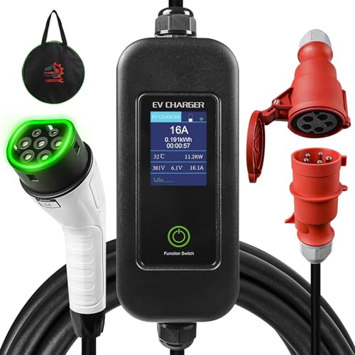 AOHEWEI EV Charger Type 2 to CEE Plug, 11KW 5M Portable Electric Car Charging Cable with 8/10/13/16A Adjustable Current and 1-15 Hours Delay Timer, 3 Phase IP55 IEC 62196-2 with Carry Bag