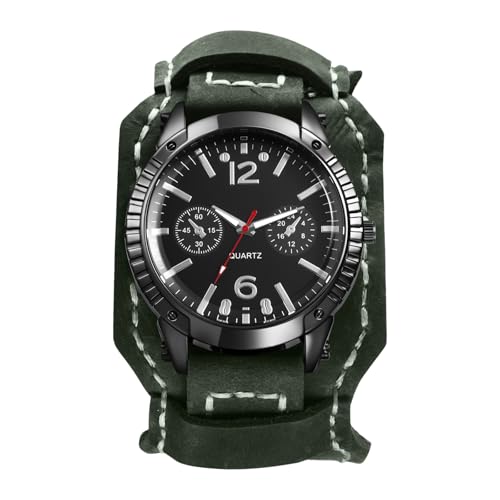 Montre analogique à quartz rétro vintage avec large bracelet cuir punk rock pour homme
