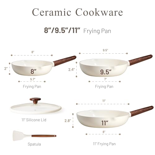 Image of CAROTE Nonstick Frying Pans Skillets, Ceramic Coating Non-Stick Frying Pans Set, 5 PCS, Non-toxic Healthy & PFOA Free, Induction Compatible, 8+9.5+11 Inch with Colander Lid and Spatula, Cream White
