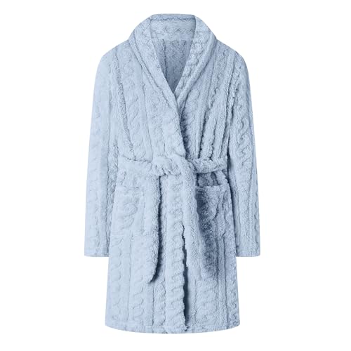 Image of Umeyda Girls Flannel Robes, Warm Cable Plush Shawl Collar Soft Bathrobe with Belt Pockets for Kids, Blue, 13/15Y