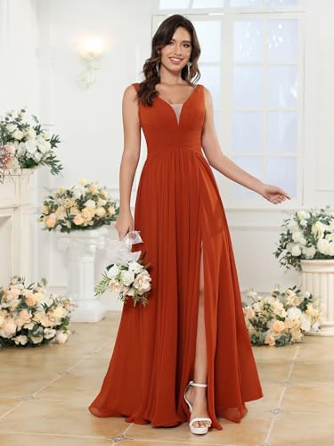 Miao Duo Women's Simple Sleeveless Bridesmaid Dresses Long with Pockets V Neck Formal Dresses with Slit YZTS1384