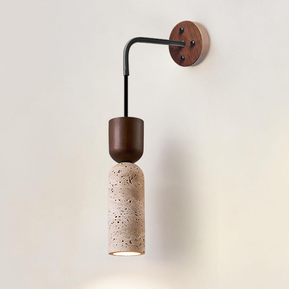 HUAYUSEDF Natural Stone Wall Sconce Vintage Wood Hallway Hang Light Fixture Modern Cylindrical Bedroom Lighting Mid Century Yellow Travertine Mounted Lamp for Living Room Aisle Bedside