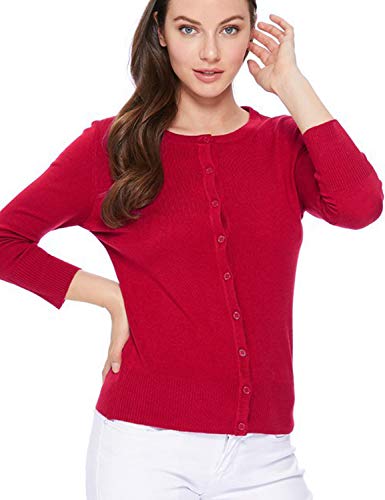 Image of Women's 3 /4 Sleeve Crew Neck Button Down Stretch Knit Cardigan Sweater (S-3XL)