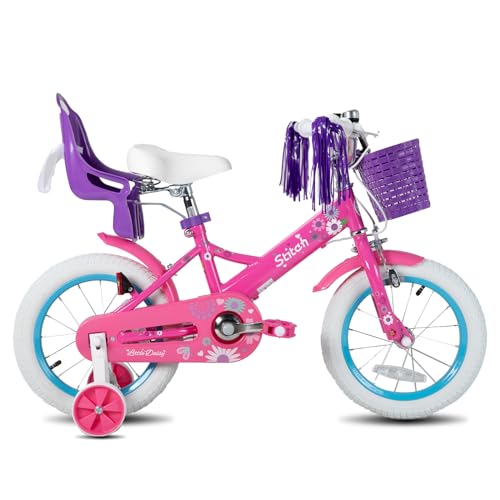 STITCH Little Daisy Bicicleta de 12 Pulgadas para niñas de 2 a 4 años, Bicicleta Infantil de 12 Pulgadas con Ruedas estabilizadoras, Cesta y serpentinas, Morado