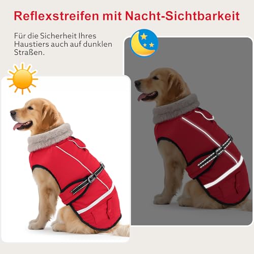 Woiil Hundemantel Wintermantel, Hundejacke Wasserdicht für Grosse Hunde mit Verstellbaren Schultergurten, Warm Hundemantel aus Fleece, Reflektierende Streifen,Geeignet für Labrador Rot, XL