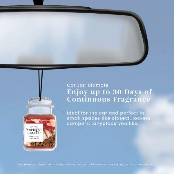 Image of Yankee Candle Car Jar Ultimate, Sparkling Cinnamon, Premium Hanging Vehicle Deodorizer Eliminates Daily Odors with a Warm Spicy Holiday Aroma, (Pack of 1)
